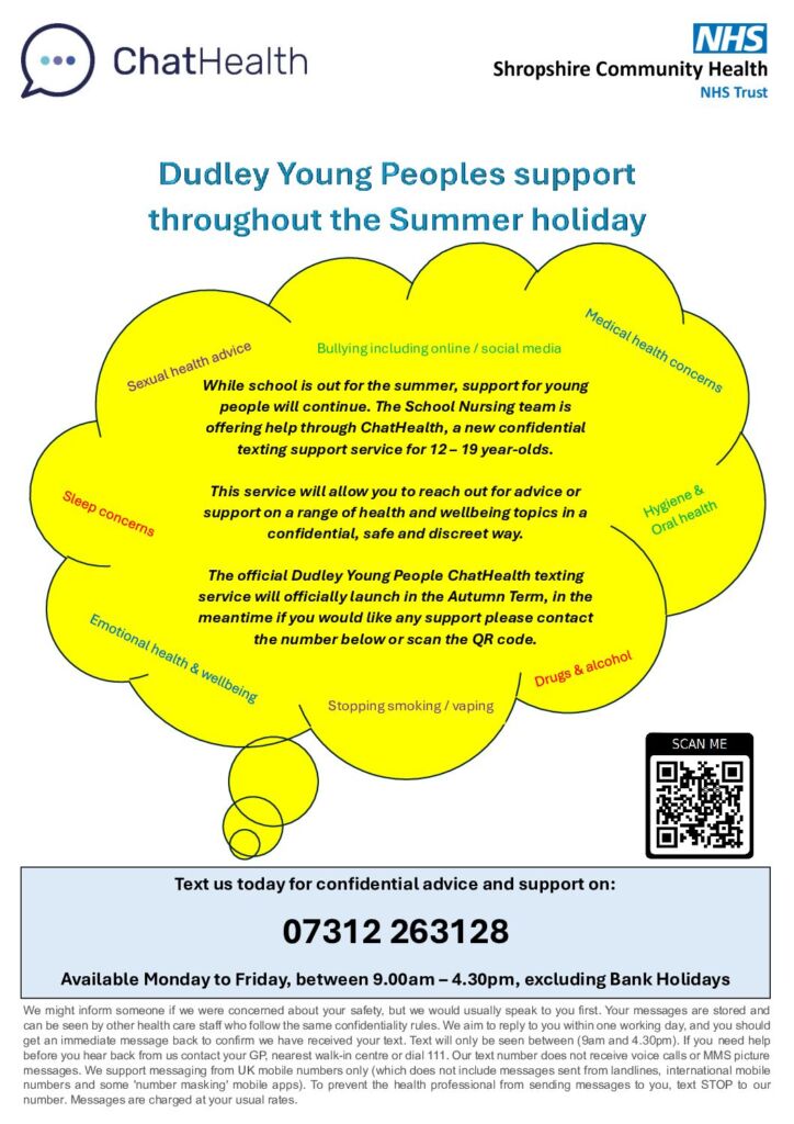 ChatHealth Young People Poster July 2025 Dudley Young Peoples Support Throughout The Summer Holiday - ChatHealth PDF Poster